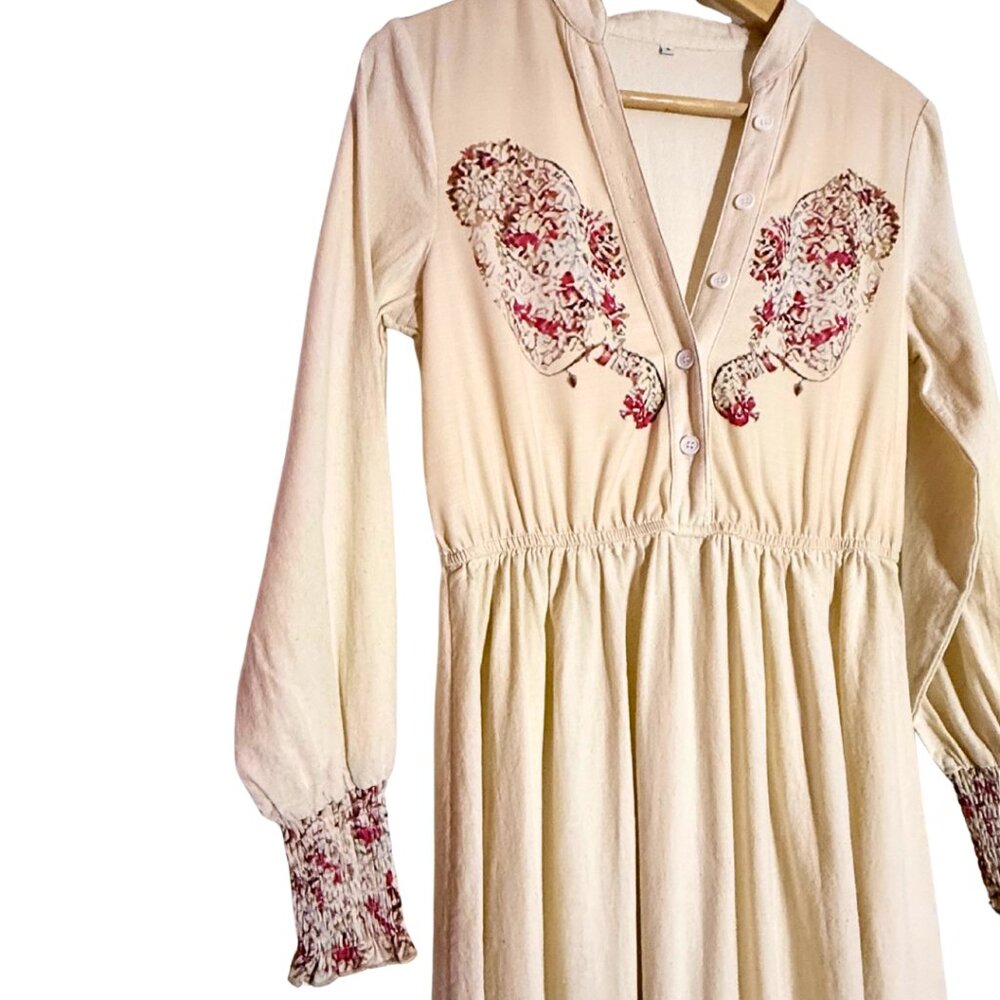 Boho Peasant Maxi Dress V-Neck Long Sleeves Vintage Style Women's Small - Picture 3 of 5